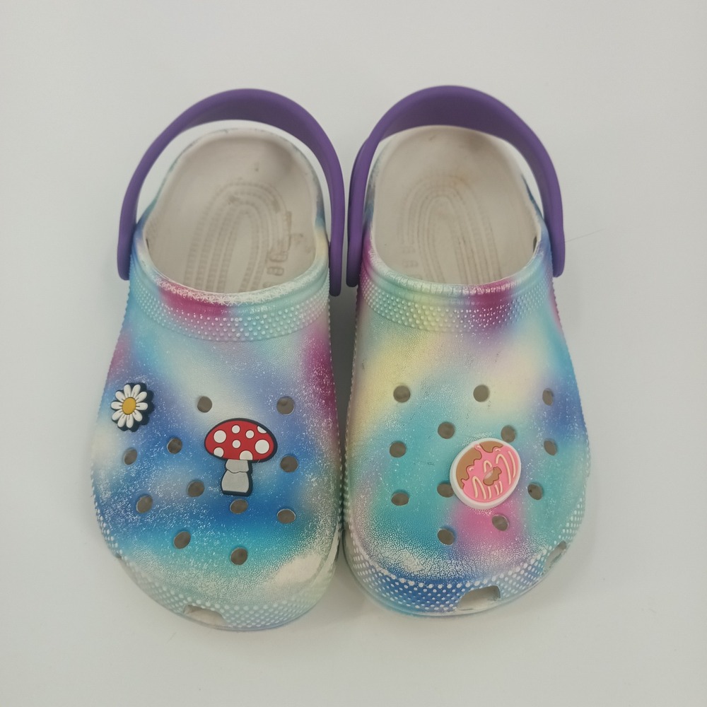 Crocs Kids Classic Tie Dye Galaxy Clogs Purple Blue J2 with Jibbitz Charms